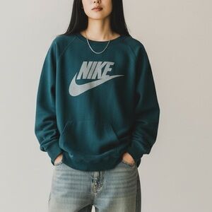 Nike Teal Green Nike White Swoosh Logo Sweatshirt wide neck Kangaroo pocket